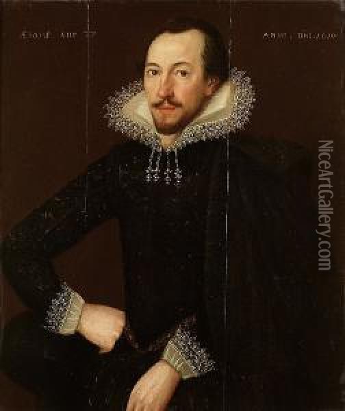 Portrait Of A Gentleman, Aged 
37, Half-length, In A Black Embroidered Doublet With A White Lace Collar
 And Cuffs, A Black Cloak Over His Left Shoulder And A Black Hat In His 
Right Hand Oil Painting - William Larkin