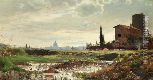 A View Of Rome With The Dome Of Saint Peter's In The Background Oil Painting - Peder Mork Monsted