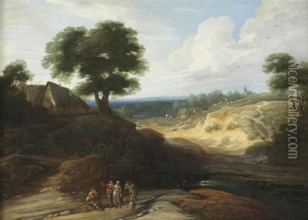 A Hilly Landscape With Figures Conversing On A Track, A Shepherd And His Cattle In The Distance Oil Painting - Lodewijk De Vadder