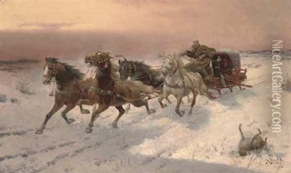 Running From The Wolves Oil Painting - Adolf (Constantin) Baumgartner-Stoiloff