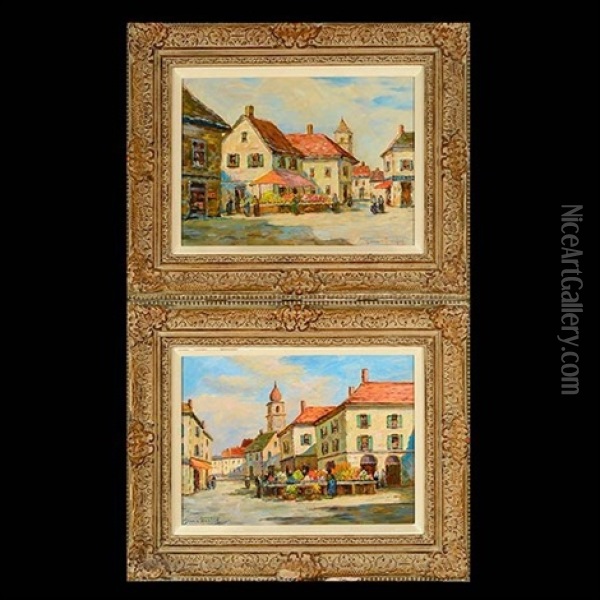 A Nice Market (france); Square In Aux (2 Works) Oil Painting - Dennis Ainsley