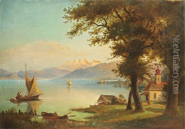 Romantische Alpenlandschaft Am See Oil Painting - Franz Wilhelm Leuteritz