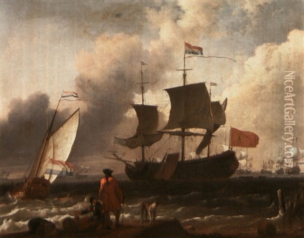 A Dutch Frigate Flying The Banner Of The City Of Amsterdam  With A Small Yacht Under Sail In Coastal Waters A Number Of Oil Painting - Ludolf Backhuysen the Elder
