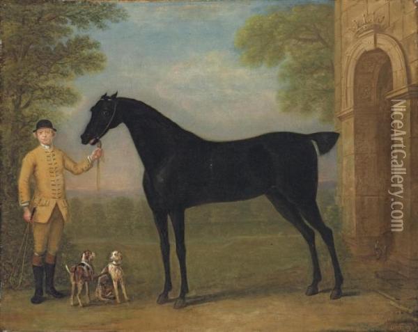 A Dark Bay Racehorse Held By A Jockey Oil Painting - John Wootton