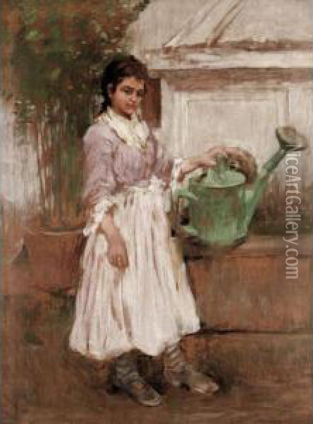 The Green Watering Can Oil Painting - William James Yule