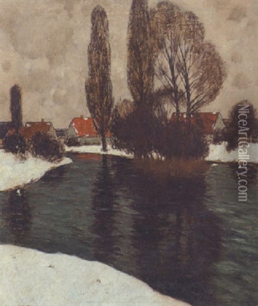 Bauernhauser Am Flussufer (amper?) Oil Painting - Carl Kuestner