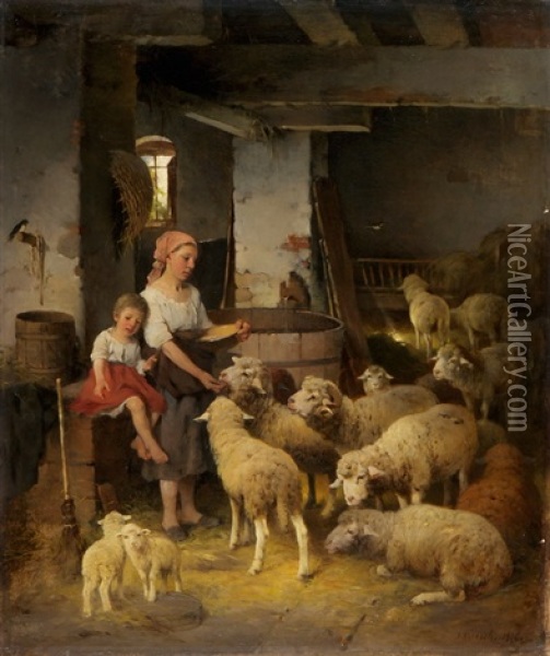 Beim Futtern Der Schafe Oil Painting - Johann Jakob Nueesch