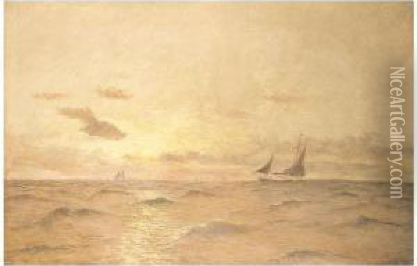 Seascape At Sunset With Fishing Boats Oil Painting - Charles John de Lacy