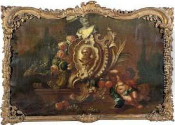 An Allegory Of Bacchus, 'dessus-de Porte' Oil Painting - Caspar Pieter I Verbrugghen