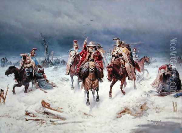 French Forces Crossing the River Berezina in November 1812, 1891 Oil Painting - Bogdan Willewalde