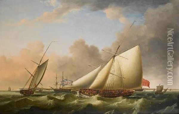 The Revenue Cutter "greyhound" Patrolling In Two Positions Off Walmer Castle Oil Painting - Thomas Luny