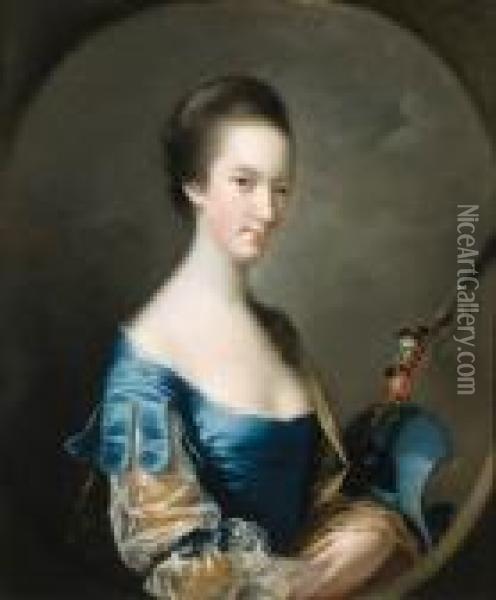Portrait Of A Lady, Half-length,
 In A Blue And Yellow Dress,holding A Shepherd's Crook Decorated With 
Flowers, In A Paintedoval Oil Painting - Josepf Wright Of Derby