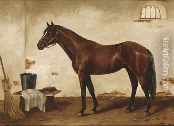 A bay hunter in a stable Oil Painting - Henri Braun
