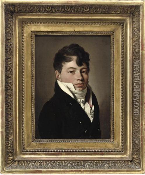 Portrait Of A Gentleman, Bust-length, In Black Coat, Red Waistcoatand White Cravat Oil Painting - Louis Leopold Boilly