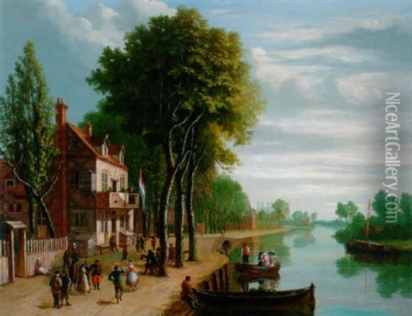 Dutch Figures Merrymaking On The Bank Or A River Oil Painting - Joseph Francis Ellis