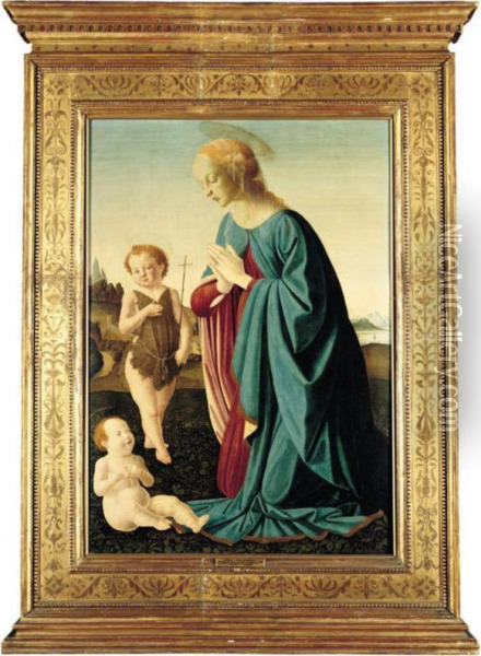 The Madonna Adoring The Christ Child, The Infant Saint John The Baptist Standing Nearby Oil Painting - Pietro Donzelli