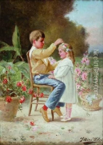 Enfants Au Jardin Oil Painting - Gaspar Miro Y Lleo