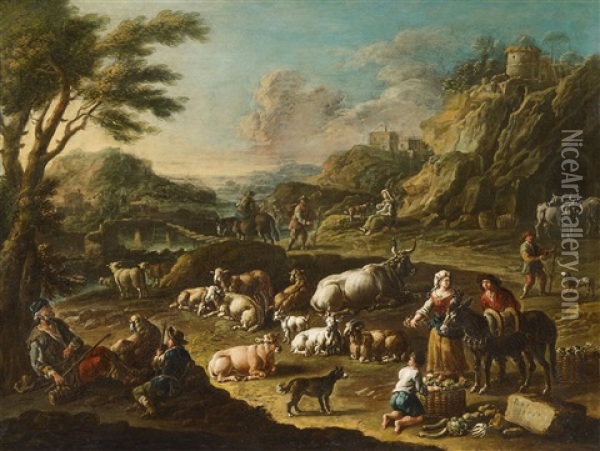 Shepherds And Their Herd In A Mountainous Landscape Shepherds And Their Herd By A River Oil Painting - Cajetan Roos