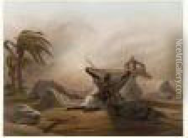 Arabes Surpris, Dans Le Desert, Par Le Simoun 1833. Oil Painting - Francois-Auguste Biard