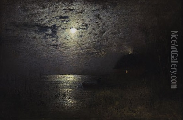 Fischerhutte Am Bodden Im Mondlicht Oil Painting - Louis Douzette