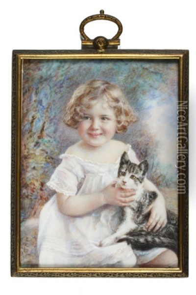 Portrait Of Young Girl With Cat Oil Painting - Morton H. Bly