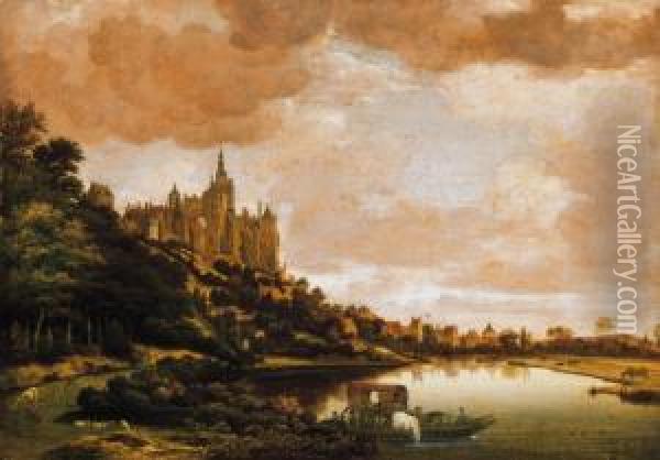 Riverside Landscape With A Castle Oil Painting - Jan Van Der Heyden