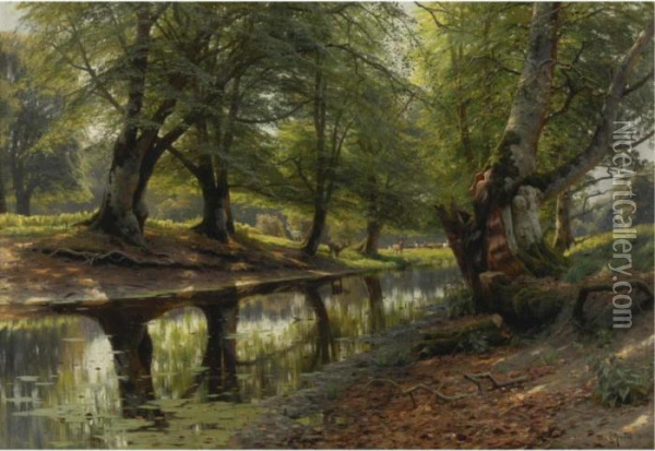 A Stream Through The Glen, Deer In The Distance Oil Painting - Peder Mork Monsted