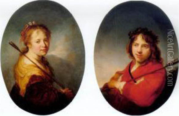 Portraits Of A Boy And A Girl, Both Half Length, Wearing Arcadian Costume Oil Painting - Johann Spillenberger