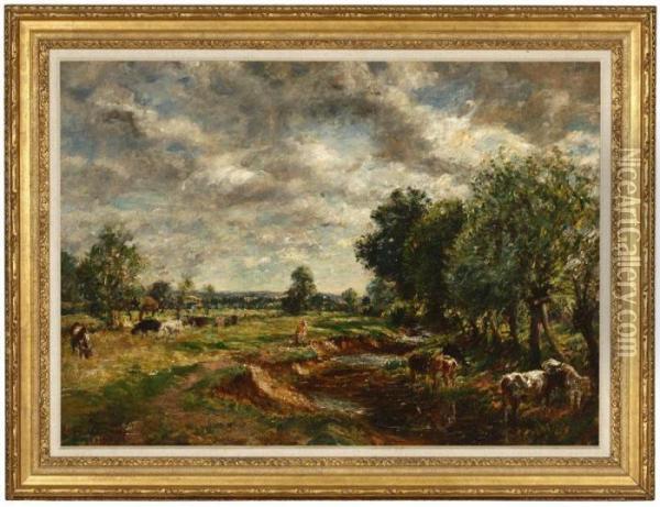Cattle Watering And Grazing Near A Stream Oil Painting - William Mark Fisher