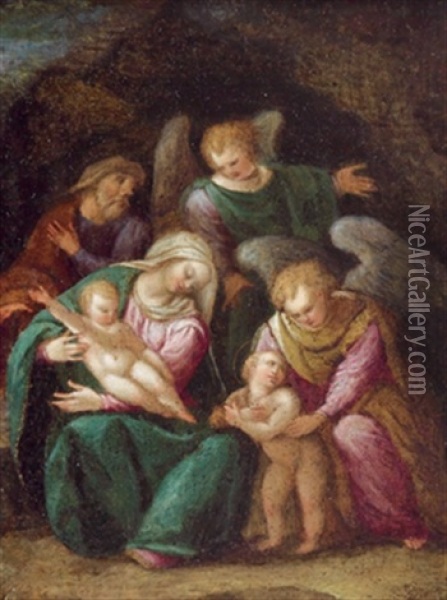 Die Heilige Familie Mit Dem Johannesknaben Und Zwei Engeln, La Sacra Famiglia Con Il Giovannino E Due Angeli Oil Painting - Girolamo Marchesi da Cotignola