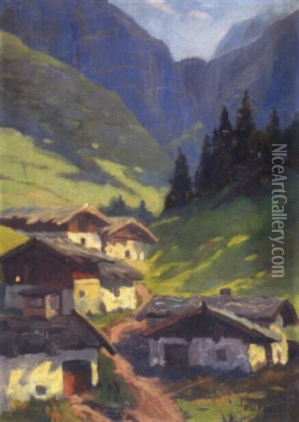 Tiroler Tal Mit Almhutten Oil Painting - Oswald Hengst