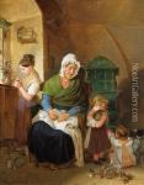 Grosmutter Mit Drei Kindern In Der Stube Oil Painting - Johann Matthias Ranftl