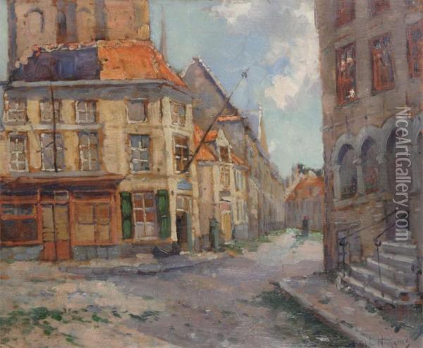 City View With Figure Oil Painting - Leon Huygens