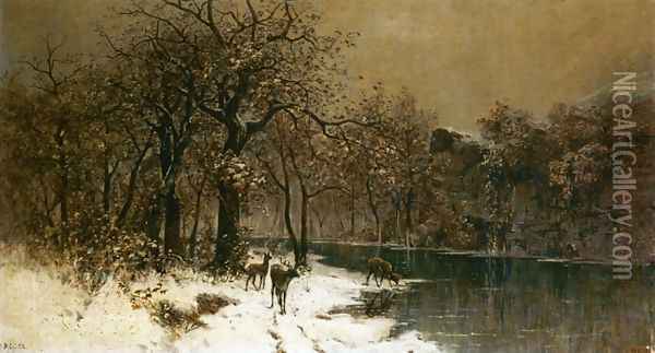 Deer in a Wintery Forest Oil Painting - Prospero Ricca