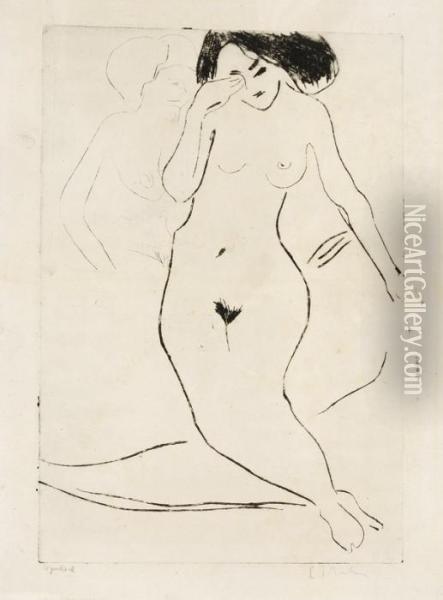 Auf Bettsitzender Madchenakt - Auf Bett Sitzendes Madchen Oil Painting - Ernst Ludwig Kirchner