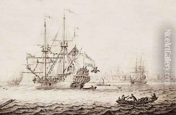 A Frigate at Anchor Oil Painting - Adriaen or Abraham Salm