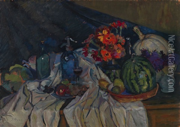 Still Life With Watermelon And Flowers Oil Painting - Osip Emmanuelovich Braz