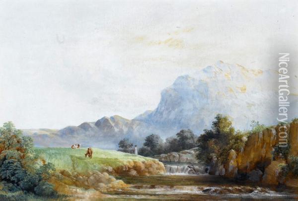 Landscape With Two Cows And A Milkmaid By A Waterfall Oil Painting - W.B. Henley