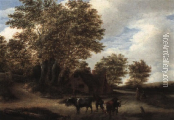 Wooded Landscape With A Herder Driving Cattle Beside A Cottage Oil Painting - Jacob Salomonsz van Ruysdael