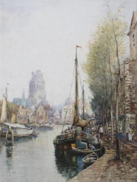 Barges On A Dutch Canal Oil Painting - J.R. Miller