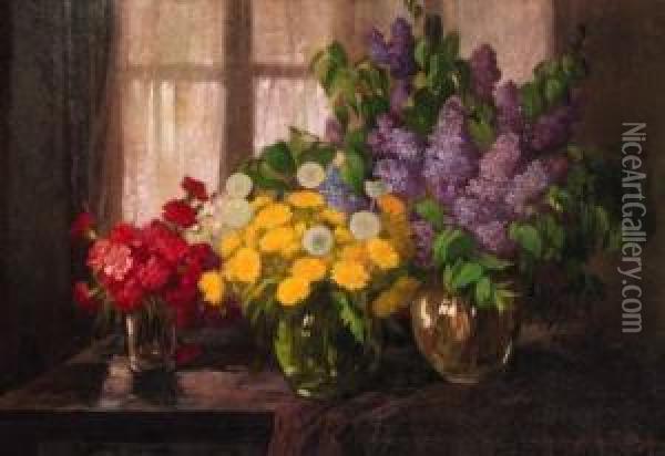Carnations, Dandelions And Lilac In Vases On A Partially Drapedtable Oil Painting - Konstantin Stoitzner