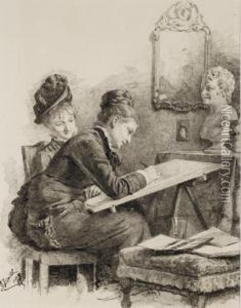 Deux Femmes Assises Dessinant Oil Painting - Gabriel Von Hackl