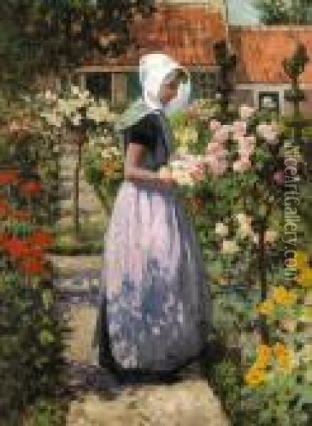 Portrait Of A Dutch Woman In A Garden Oil Painting - George Hitchcock