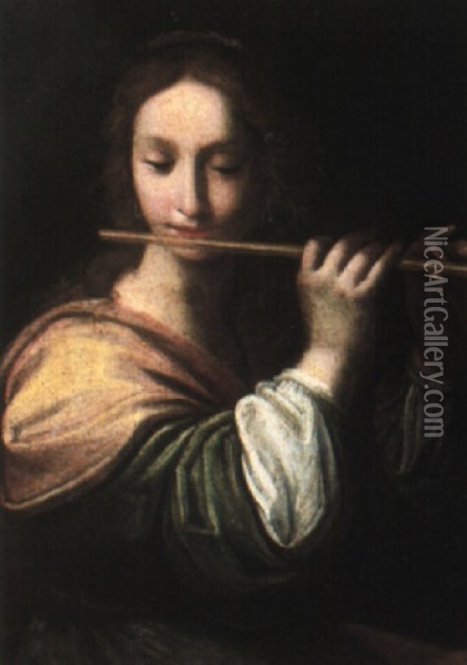 A Girl Playing The Flute Oil Painting - Simone Pignone