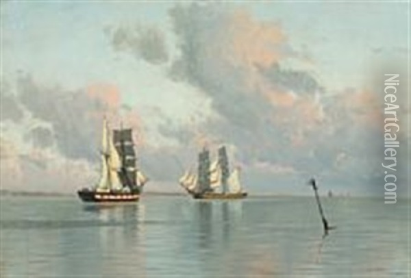 Sailing Ships In Calm On The Coast Oil Painting - Alfred Olsen