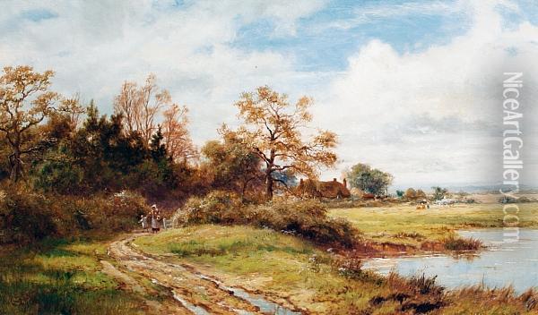 Figures On A Country Path By A Lake Oil Painting - Robert Gallon