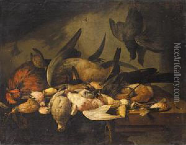Still Life With A Cockerel, A 
Duck, A Snipe And Various Songbirds Together On A Wooden Table Oil Painting - Cornelis van Lelienbergh