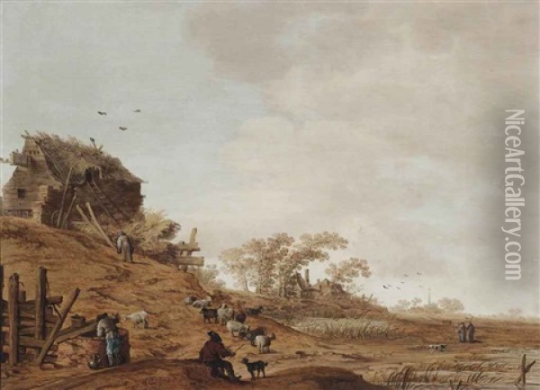 A Dune Landscape With A Herdsman And Goats Near A Well, A Village Beyond Oil Painting - Jan Harmensz. Vynck