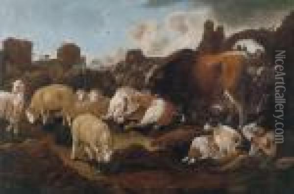 A Shepherd With His Flock In The Roman Campagna Oil Painting - Philipp Peter Roos