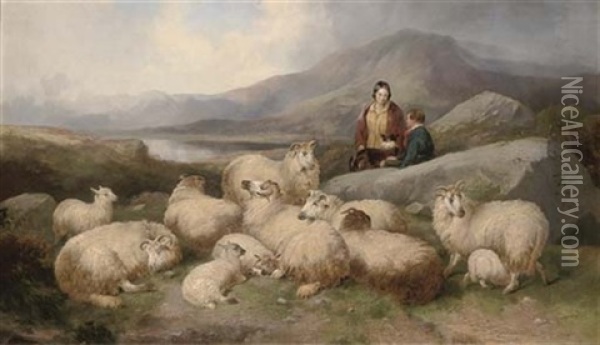 A Shepherd With His Flock In A Highland Landscape Oil Painting - John W. Morris